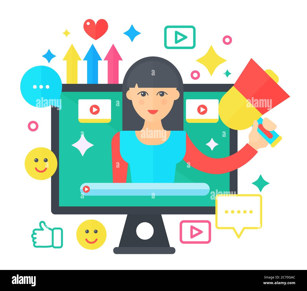 Video blogger cartoon flat concept. Computer screen with female woman  blogger. Personal blogging channel broadcasting vector illustration Stock  Vector Image & Art - Alamy
