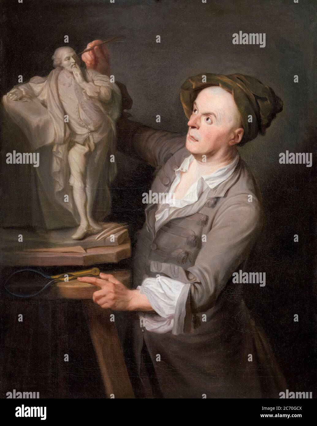 Louis-François Roubiliac (1702-1762), French sculptor with his monument to Shakespeare, portrait painting by Adrien Carpentiers, 1760-1761 Stock Photo