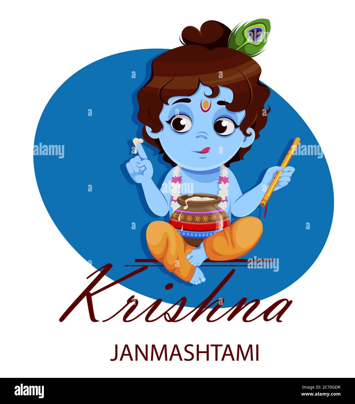 Happy Krishna Janmashtami. Little Lord Krishna with flute and pot ...