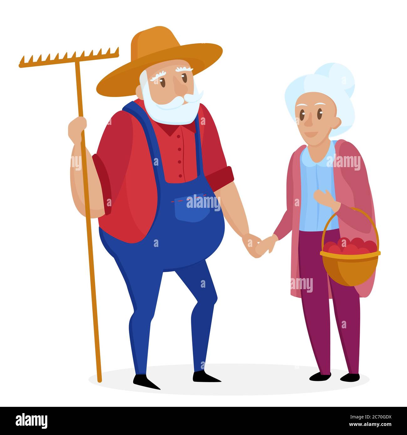 Old farmer with his wife. Elderly couple. Grandpa and grandma standing. Vector cartoon illustration Stock Vector