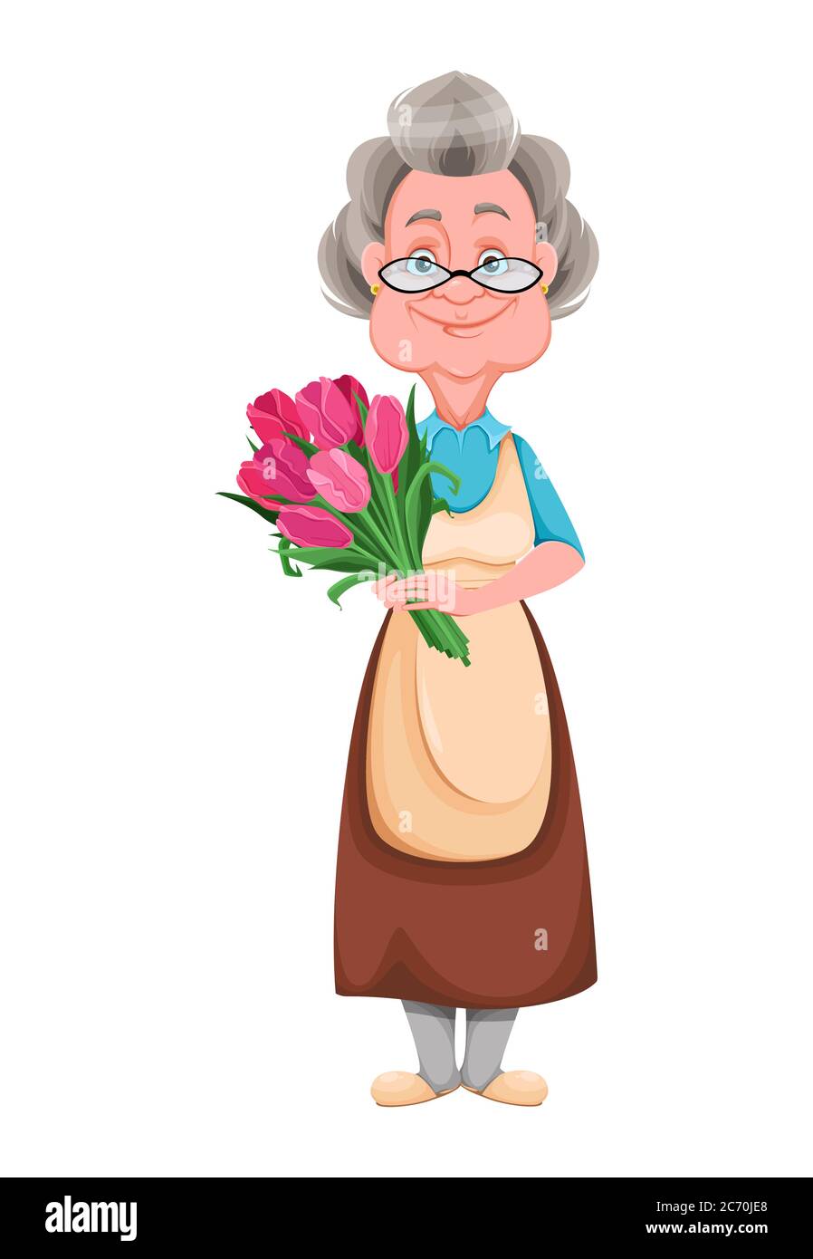 Happy Grandparents day. Kind Granny holding a bouquet of tulips. Cute old woman. Cheerful grandmother cartoon character. Vector illustration isolated Stock Vector