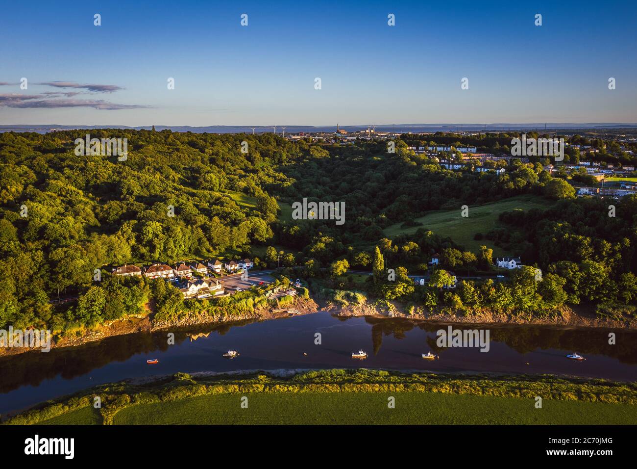 Aerial view of the Welsh town Caerleon in Wales, home of the Roman Amphitheatre Stock Photo