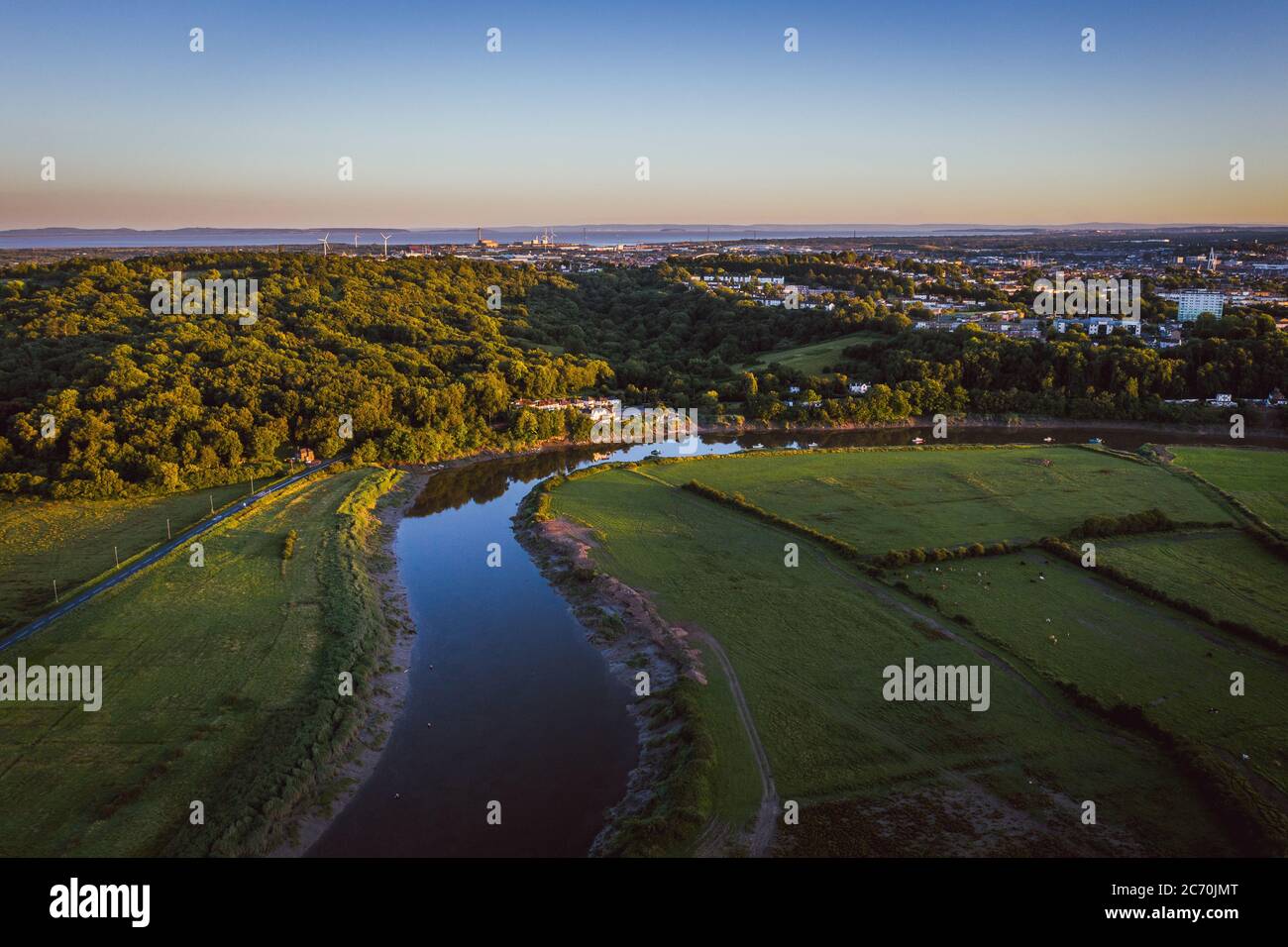 Aerial view of the Welsh town Caerleon in Wales, home of the Roman Amphitheatre Stock Photo