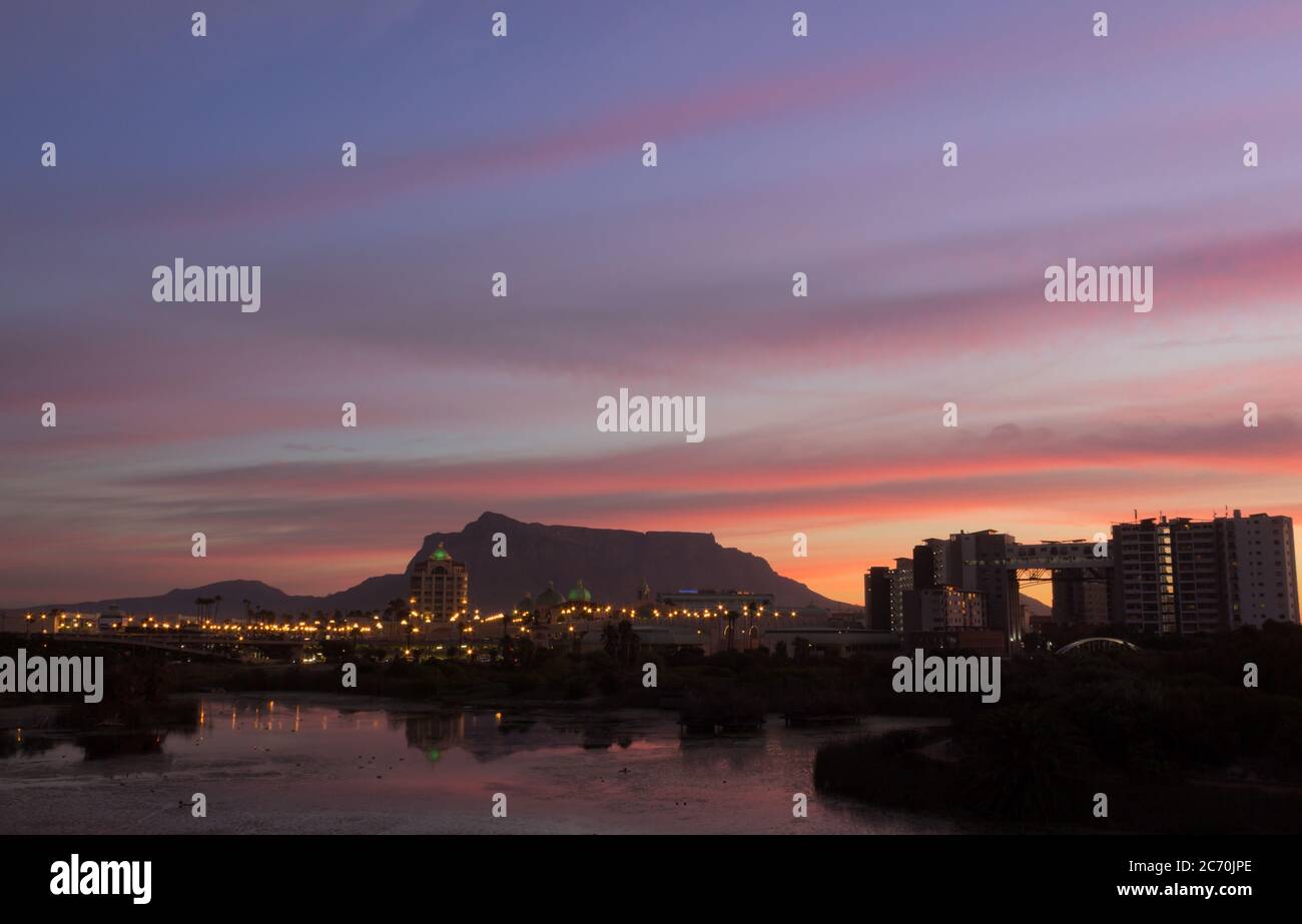 View of Table Mountain and Cape Town City at sunrise on a beautiful morning, Cape Town, South Africa Stock Photo