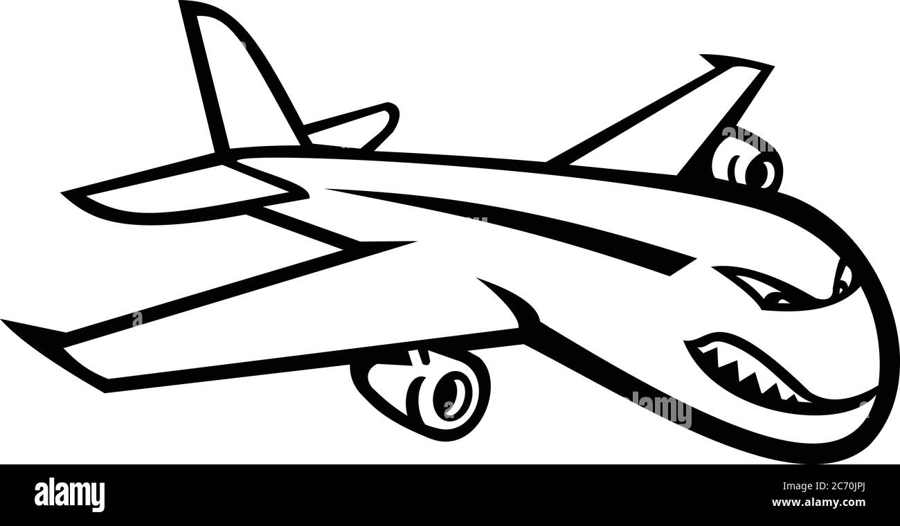 Black and white mascot illustration of an angry wide-body commercial jet airliner and cargo aircraft flying in full flight viewed from side on isolate Stock Vector