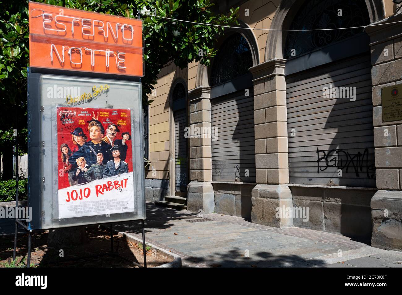 Traditional summer open air cinema - poster with the daily movie. Bergamo,  Italy Stock Photo - Alamy