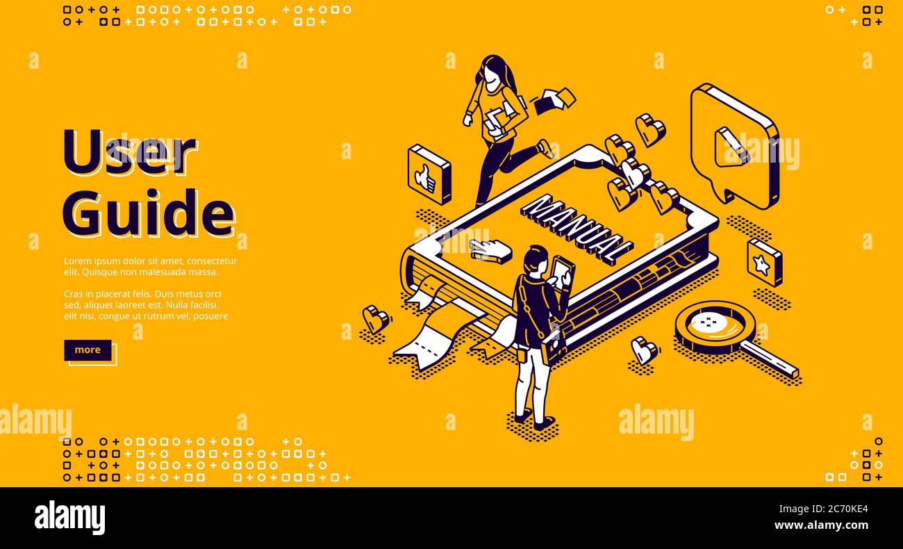 User guide isometric landing page, tiny people around of huge manual book, woman carry documents, man use gadget. Instruction booklet, tutorial help, guidance information 3d vector line art web banner Stock Vector