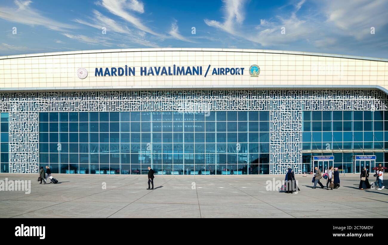 Mardin, Turkey October 2019 Mardin Airport exterior with passengers