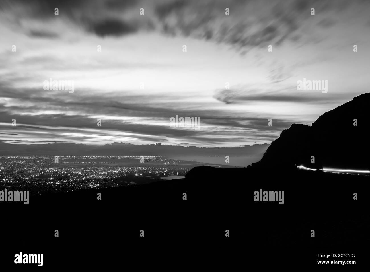 View from Mountain range of Cape Town City at sunrise on a beautiful clear sunset, Cape Town, South Africa Stock Photo