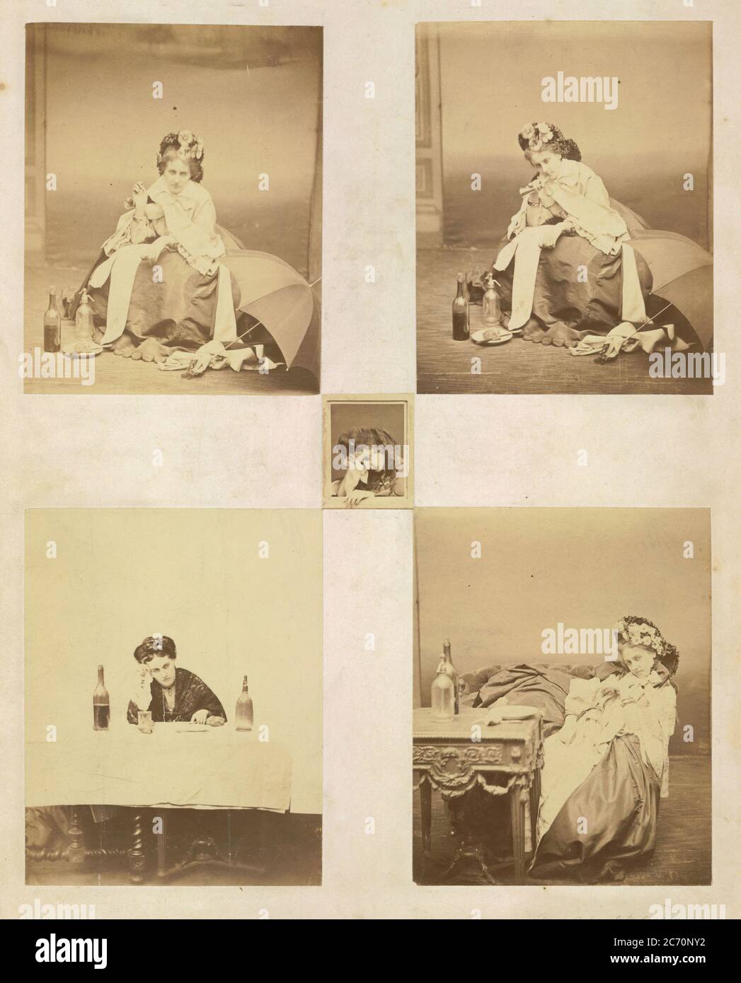 [Album page with ten photographs of La Comtesse mounted recto and verso], 1861-67. Top left: [La Comtesse with Horn, Umbrella and Bottles]; top right: [La Comtesse Blowing Horn]; center: [La Comtesse &quot;in despair&quot; with Kerchief to Face]; bottom left: [La Comtesse at Table with Bottle on Either Side]; bottom right: [La Comtesse in Flowered Hat Seated at Table] Stock Photo