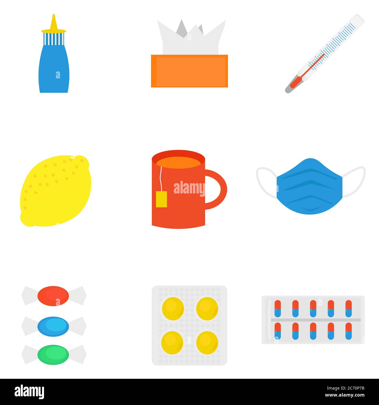 Influenza, seasonal colds. Set of cold treatment icons. Medicines, pills, thermometer Stock Vector