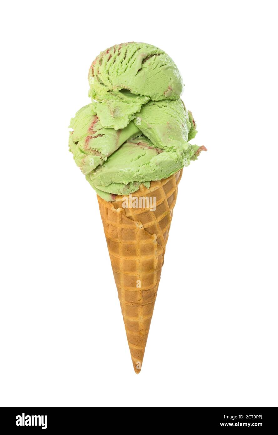 Mint-raspberry ice cream in waffle cone isolated on white background ...