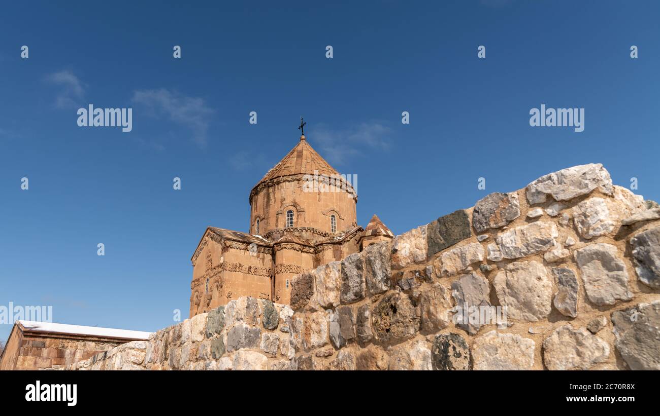 Akdamar island, Van, Turkey - February 2020: Akdamar island and surp church Akdamar church is an important religious place for the Armenian people Stock Photo