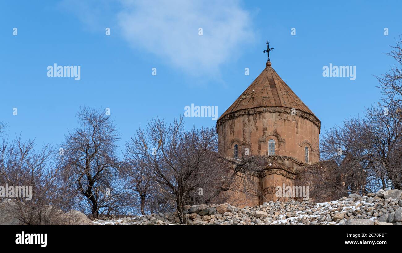 Akdamar island, Van, Turkey - February 2020: Akdamar island and surp church Akdamar church is an important religious place for the Armenian people Stock Photo