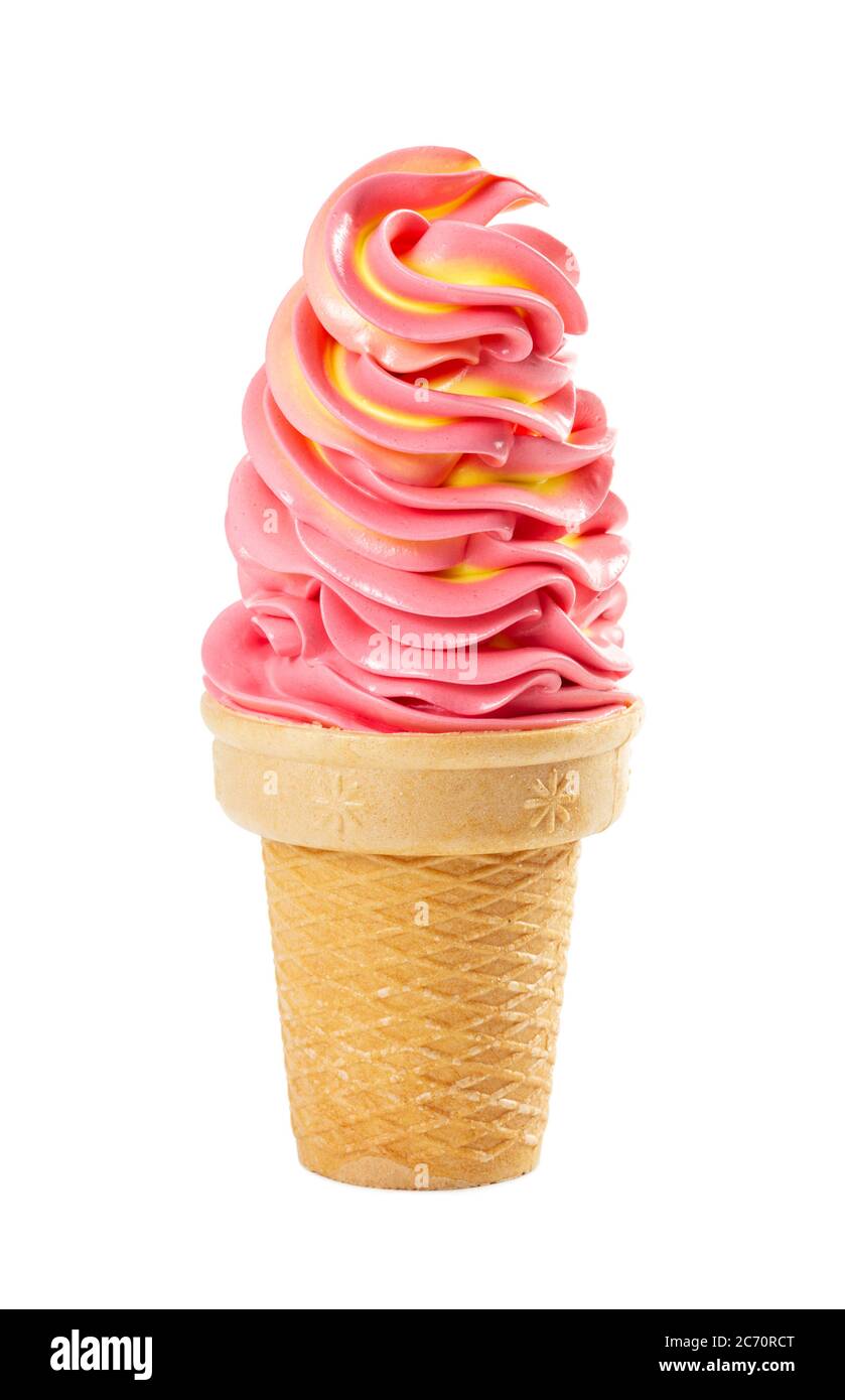 Soft fruit strawberry-banana ice cream in waffle cup isolated on white background. Stock Photo