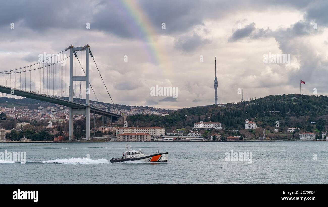 Istanbul, Turkey - October 2018: Coast guard boat in bosphorus strait ...