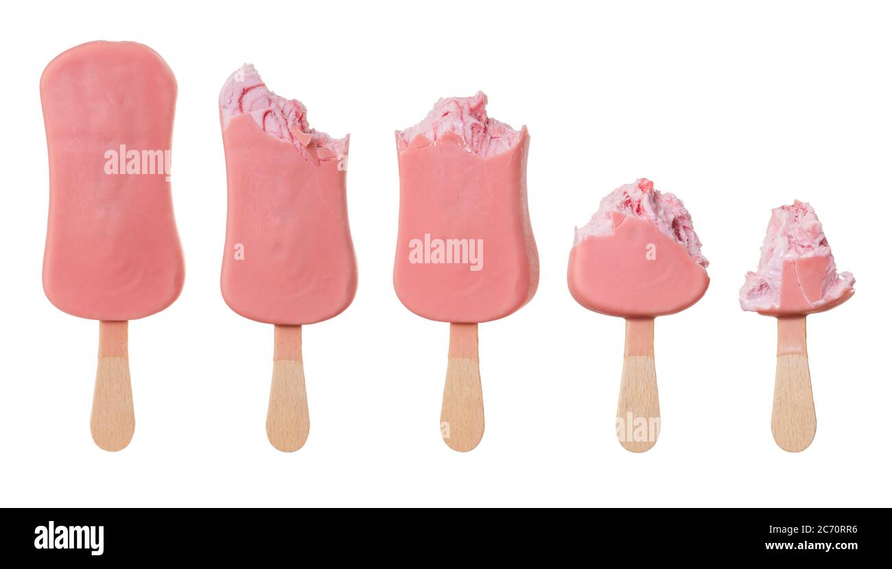 Eaten strawberry ice cream isolated on white background. Stock Photo