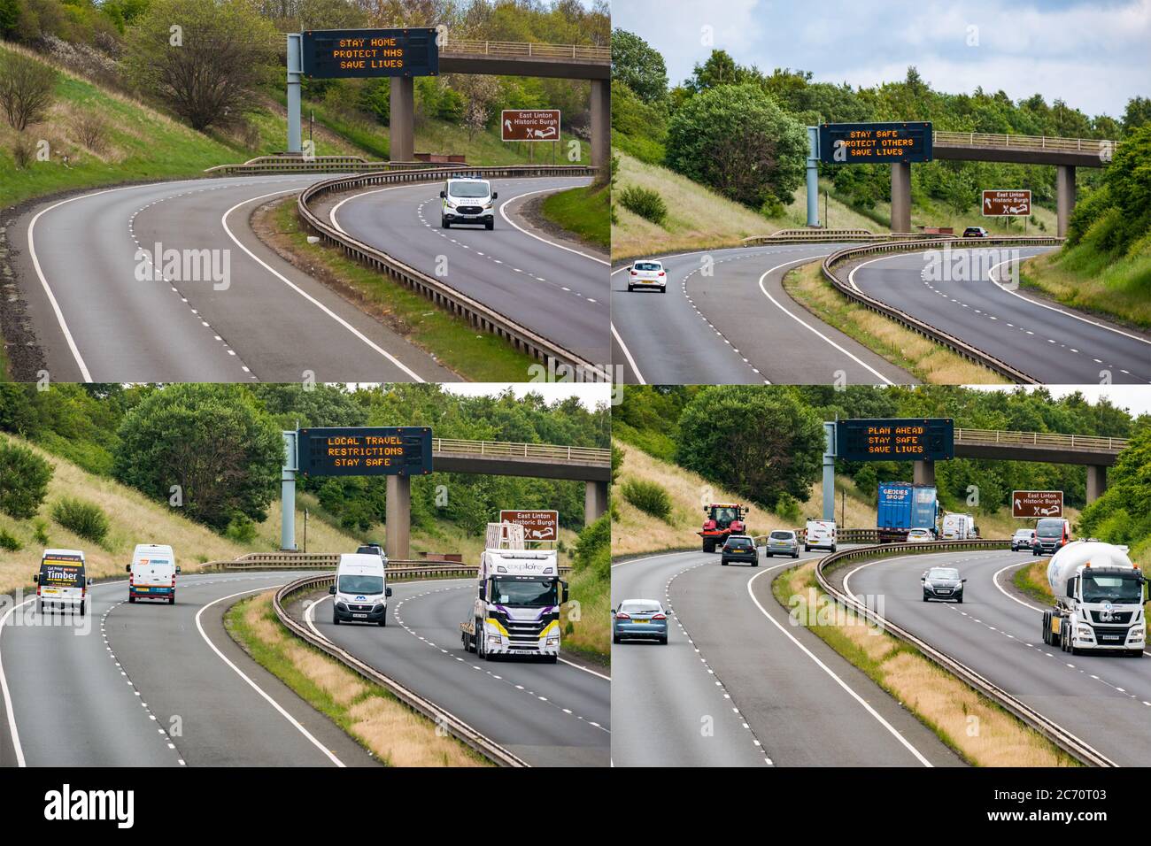 East Lothian, Scotland, United Kingdom, 13th July 2020. A composite of the Scottish Government's Covid-19 travel advice on an overhead gantry during the Coronavirus pandemic on the A1 using slogans. The latest and 4th message (13/7/2020) as Scotland prepares to enter Phase 3 is: 'Plan Ahead, Stay Safe, Save Lives'. Previous versions were 17/4/2020: 'Stay Home, Protect NHS, Save Lives'; 21/6/2020: 'Stay Safe, Protect Others, Save Lives' and 7/7/2020: 'Local Travel Restrictions, Stay Safe' when part of the SW of Scotland was locked down again due to an upsurge in cases Stock Photo