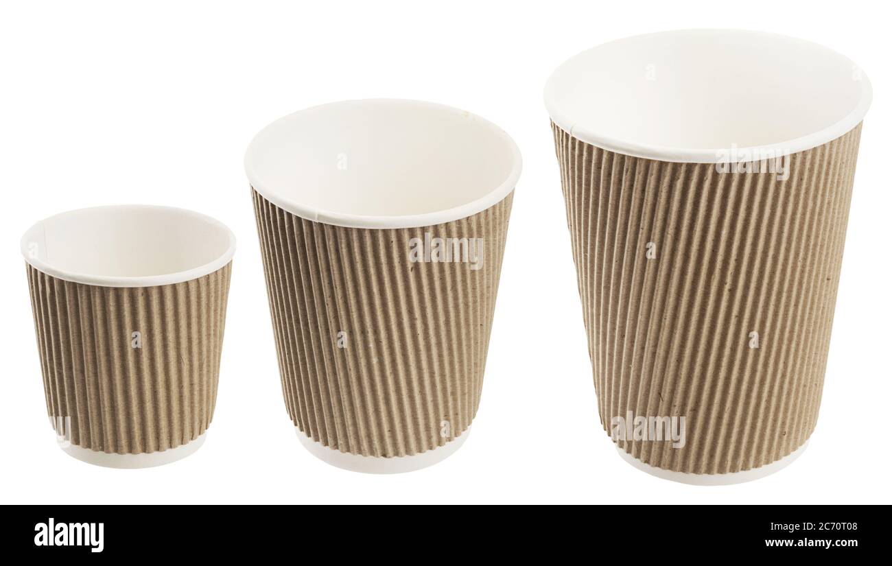 Set of opened disposable paper coffee cups isolated on white background Stock Photo