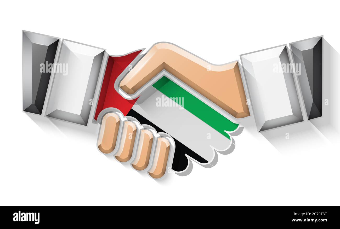 Made in UAE handshake. Hand sets the color of UAE flag. Concept of sale ...