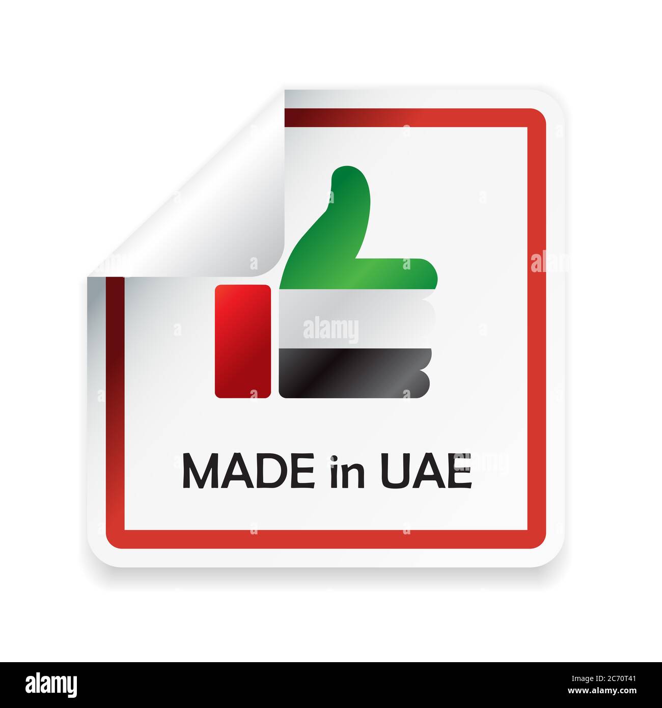 Made in UAE. Icon with thumb up sets the color of UAE flag. Concept of sale or business. Isolated on white background. Stock Photo