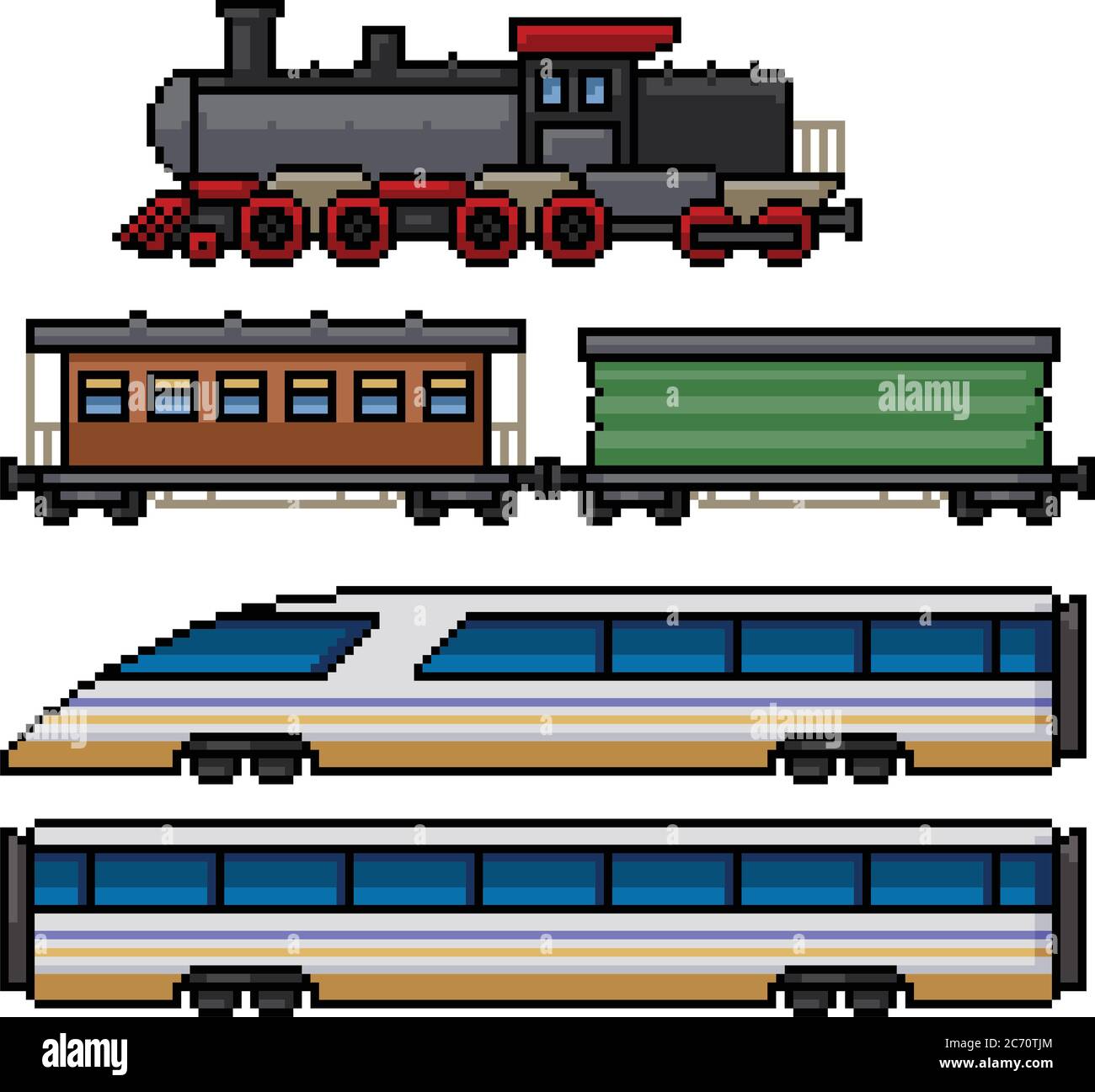 pixel art set isolated train retro modern Stock Vector