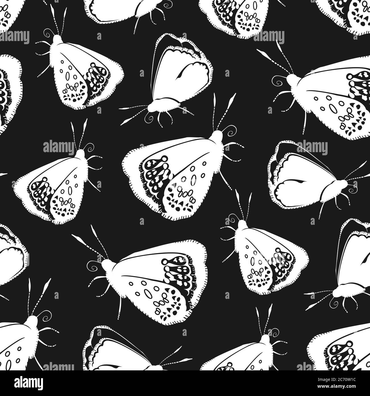 Monochrome seamless pattern with butterflies on black background. Stock ...