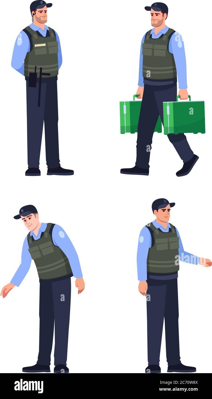Bank security officer semi flat RGB color vector illustration set. Officer  with bulletproof vest. Man for briefcase protection. Police man isolated ca  Stock Vector Image & Art - Alamy