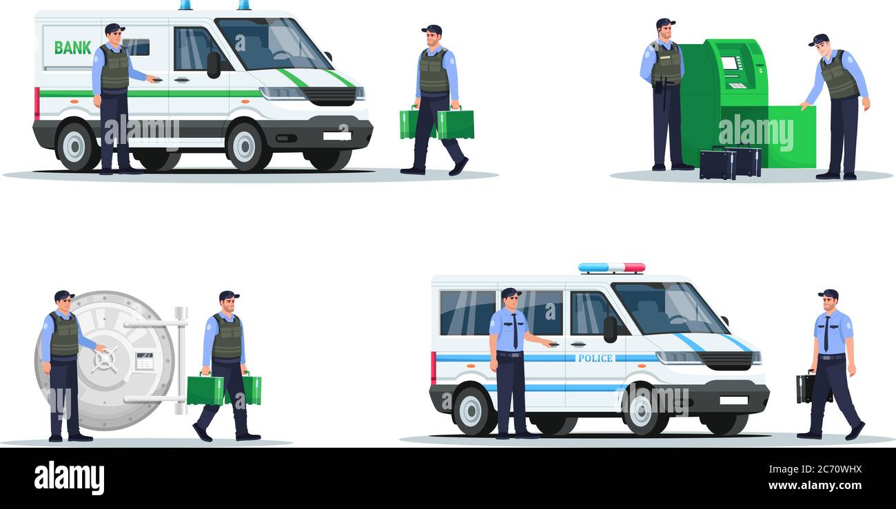 Bank security work semi flat RGB color vector illustration set. Guards in bulletproof vests. Police officers for money protection isolated cartoon cha Stock Vector