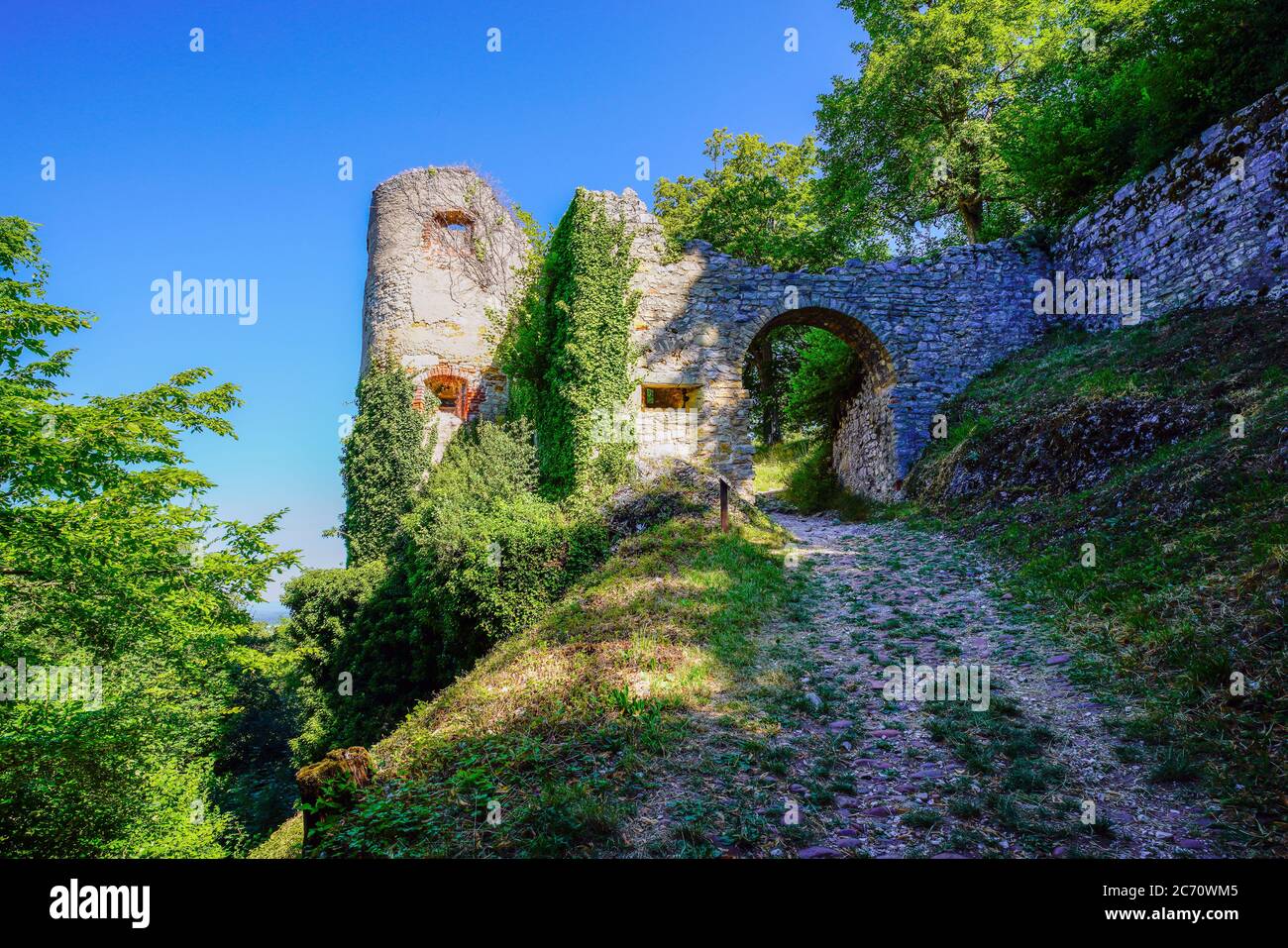 Gate to castle ruins in Ferrette, commune in the Haut-Rhin department in Alsace in north-eastern France. Stock Photo