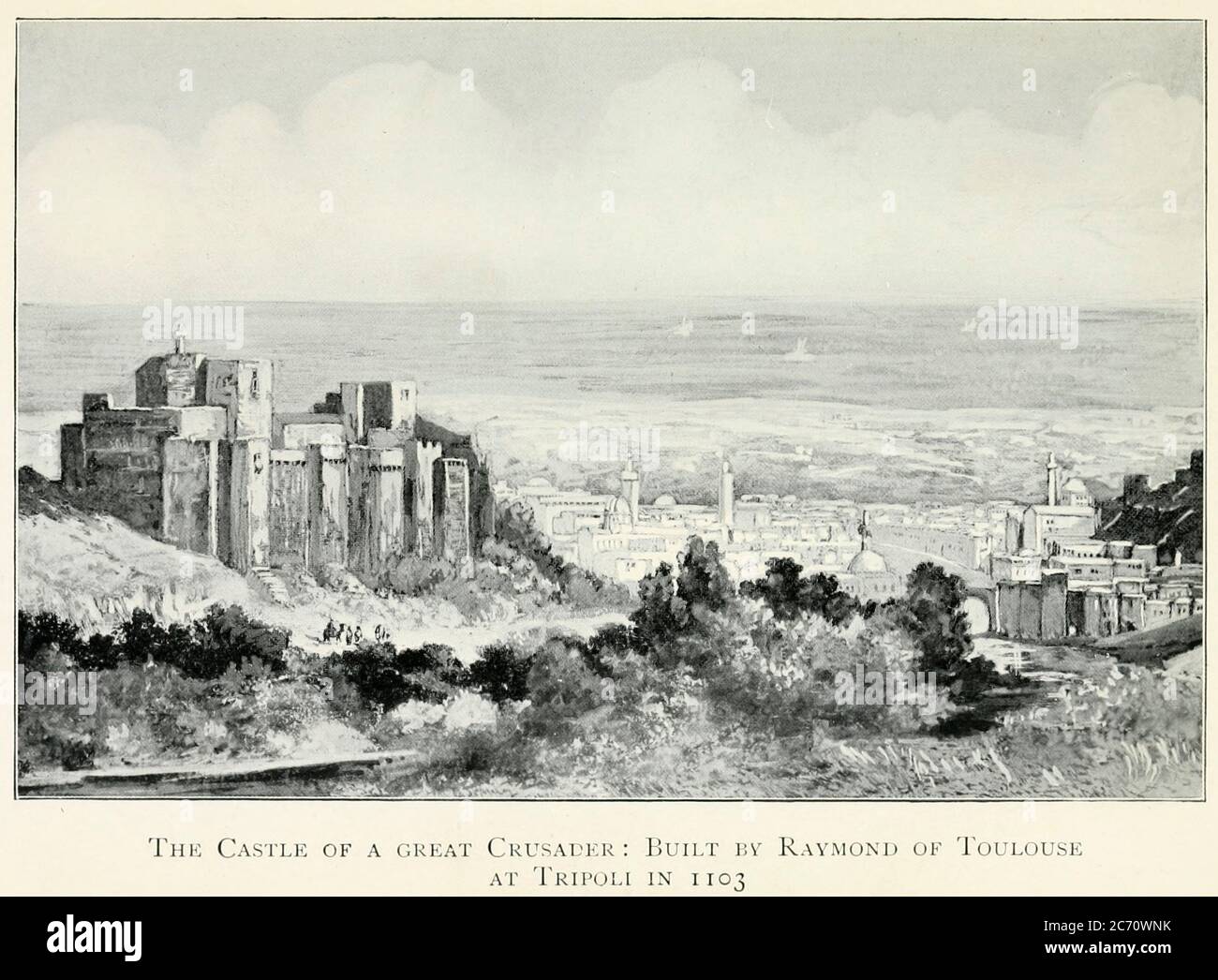 black and white photograph of The Castle of a Great Crusader: Built by Raymond of Toulouse [Raymond IV, Count of Toulouse] at Tripoli [Lebanon] in 1103 From the book Jerusalem and the crusades by Blyth, Estelle Published in London by T.C. & E.C. Jack Circa 1913 Stock Photo