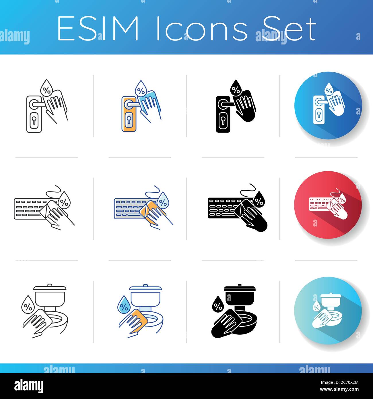 Surface cleaning icons set. Linear, black and RGB color styles. Door ...
