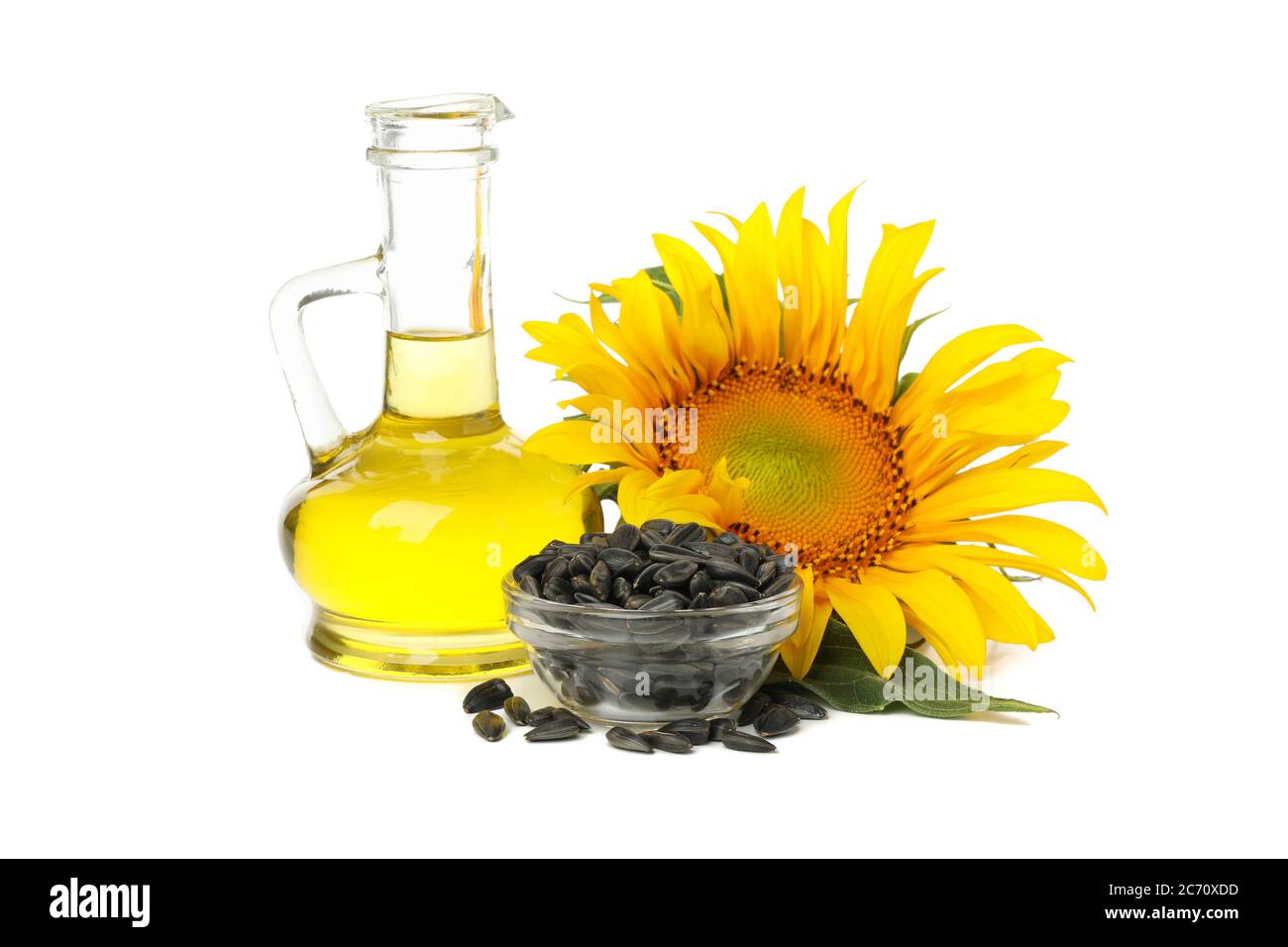 Sunflower, seeds and oil isolated on white background Stock Photo