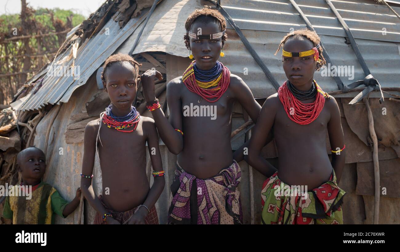 Omorate, Ethiopia - September 2017: Unidentified girls from Dassanech tribe, Ethiopia Stock Photo
