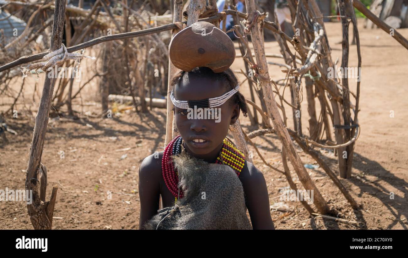Omorate, Ethiopia - September 2017: Unidentified girl from Dassanech tribe, Ethiopia Stock Photo