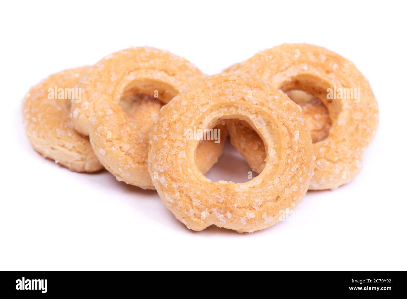 Group of dried donuts, ringshaped pastry isolated over white