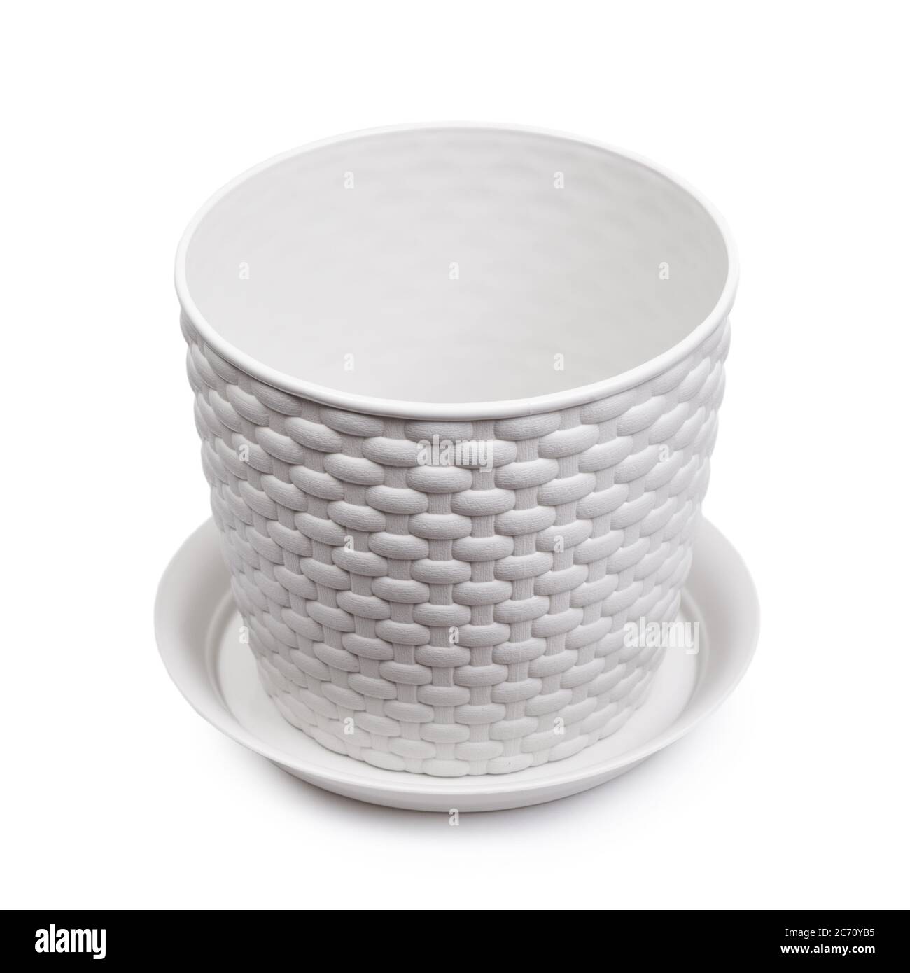 White wicker plastic vase, empty pot with stand isolated Stock Photo