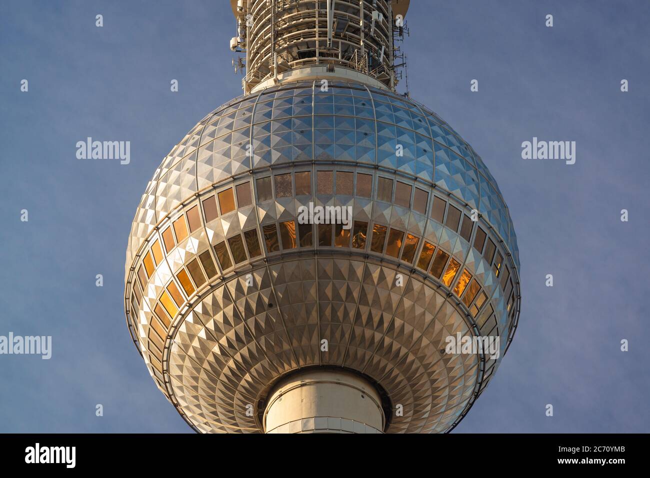 BERLIN, GERMANY - SEPTEMBER 17, 2013: Close up of the Fernsehturm in Berlin. The television tower was completed in 1969. Stock Photo