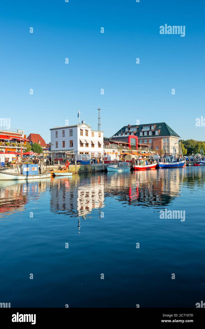 Warnemunde, Germany cityscape on Alte Strom old channel. Stock Photo