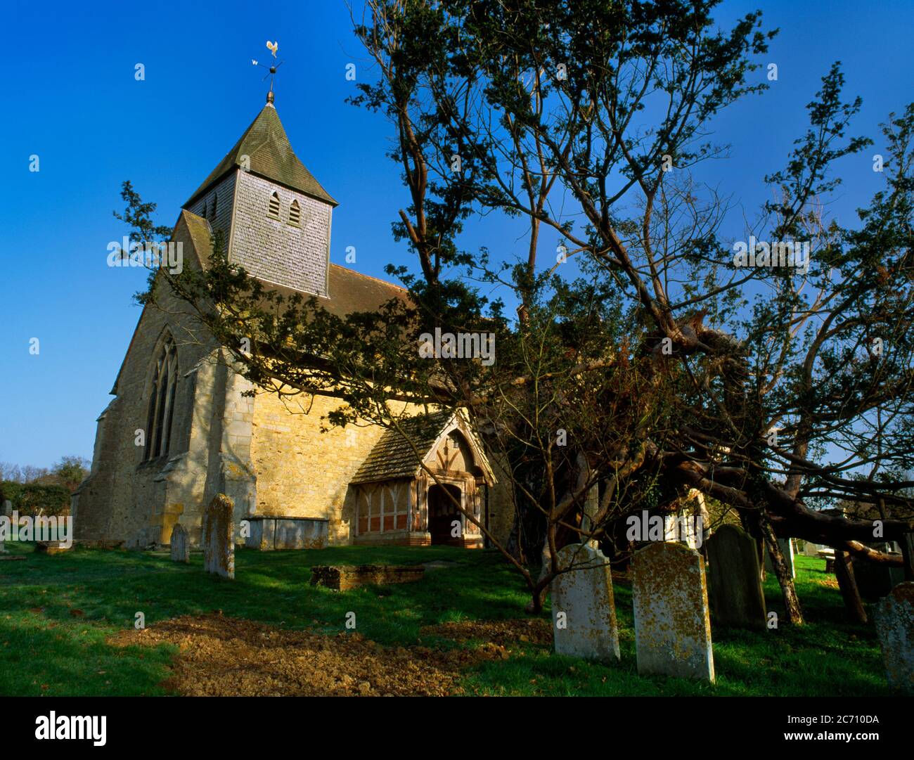 View NE of Dunsfold late C13th church, Surrey, England, UK, on an artificial mound beside an ancient yew tree. A Grade I Listed Building: 1270-90. Stock Photo