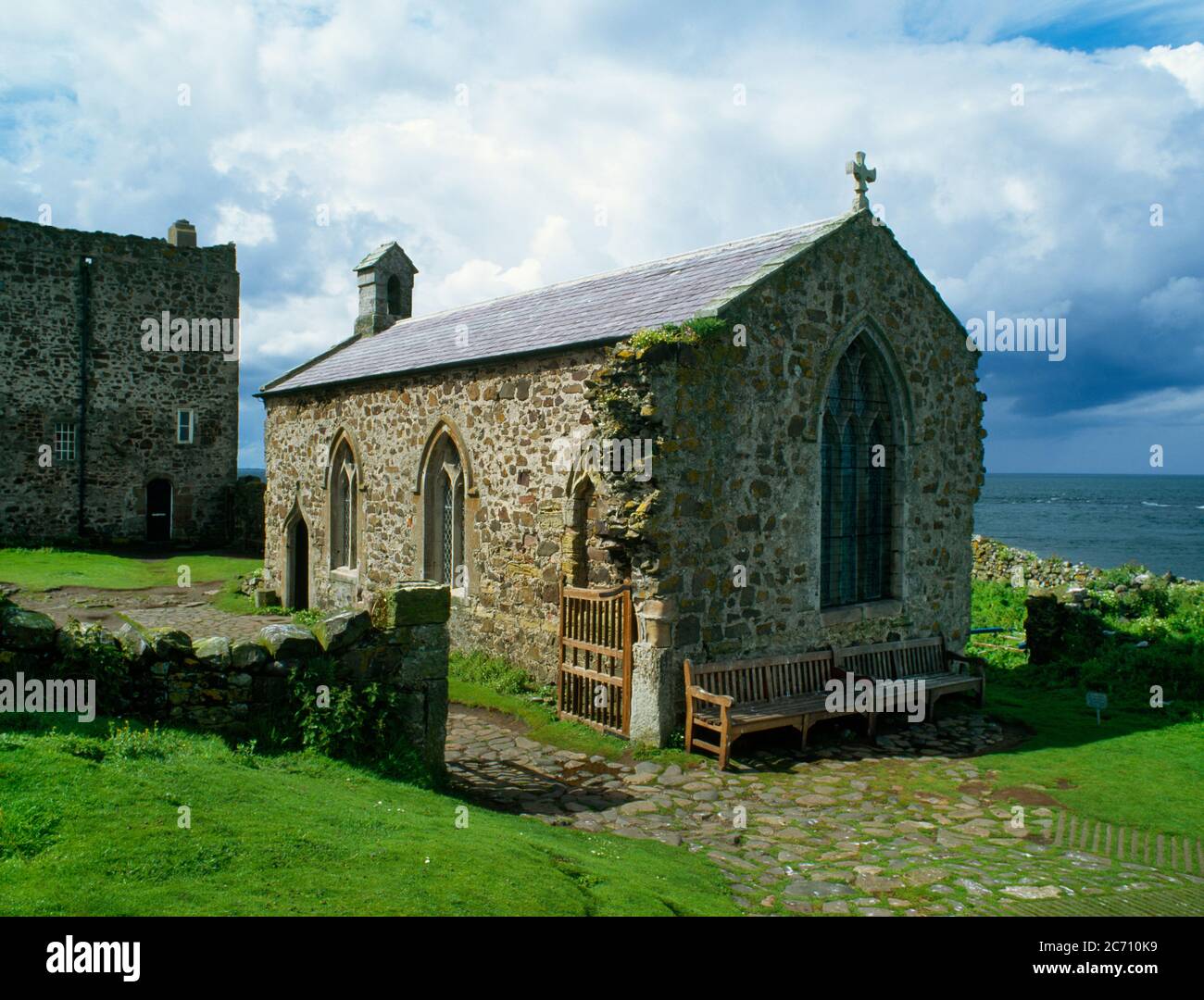 View NNW of C14th chapel dedicated to St Cuthbert on Inner Farne island off Bamburgh, Northumberland, England, UK, where Cuthbert lived as a hermit. Stock Photo
