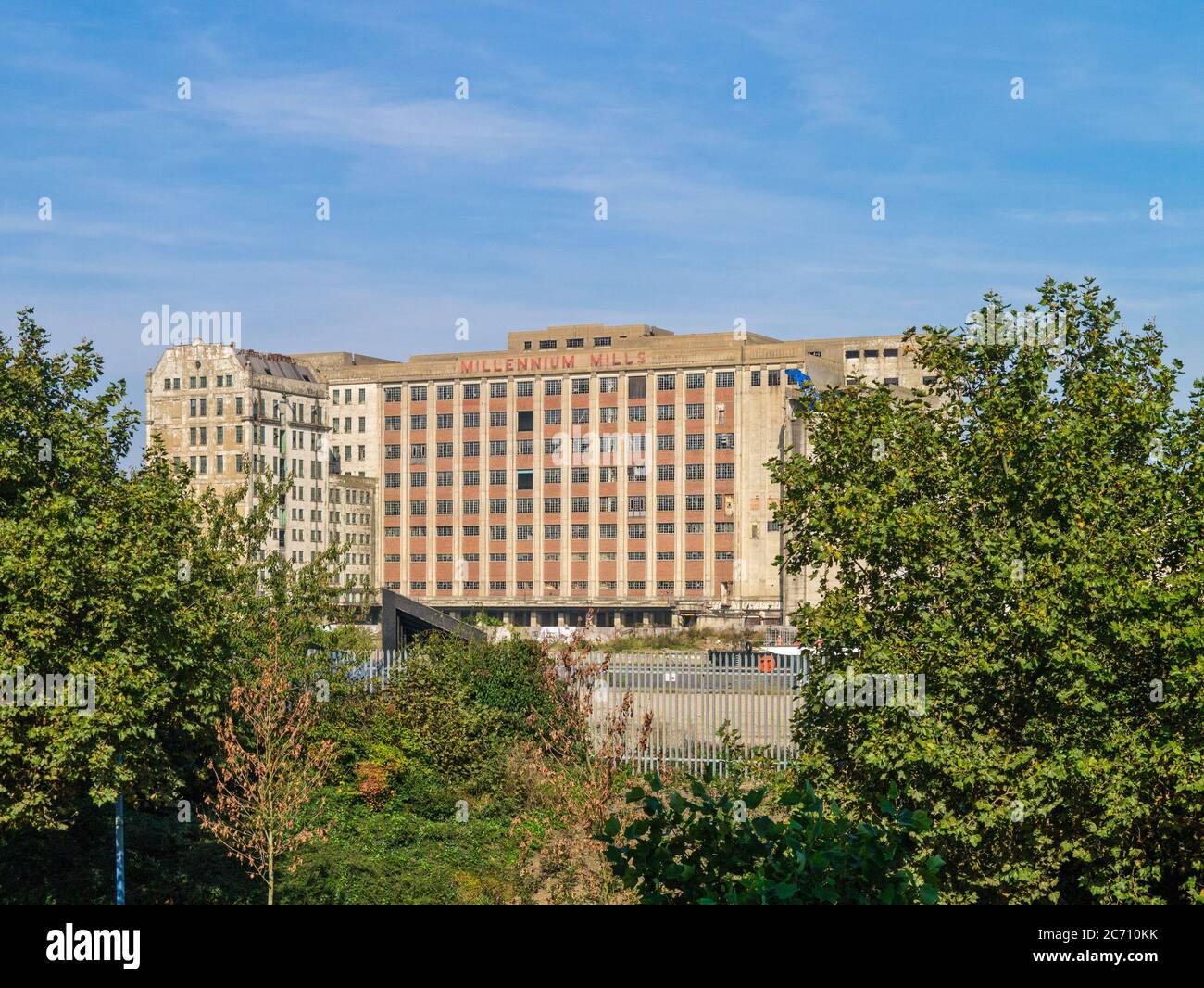 Exterior of Millennium Mills, a derelict flour mill, in the Silvertown
