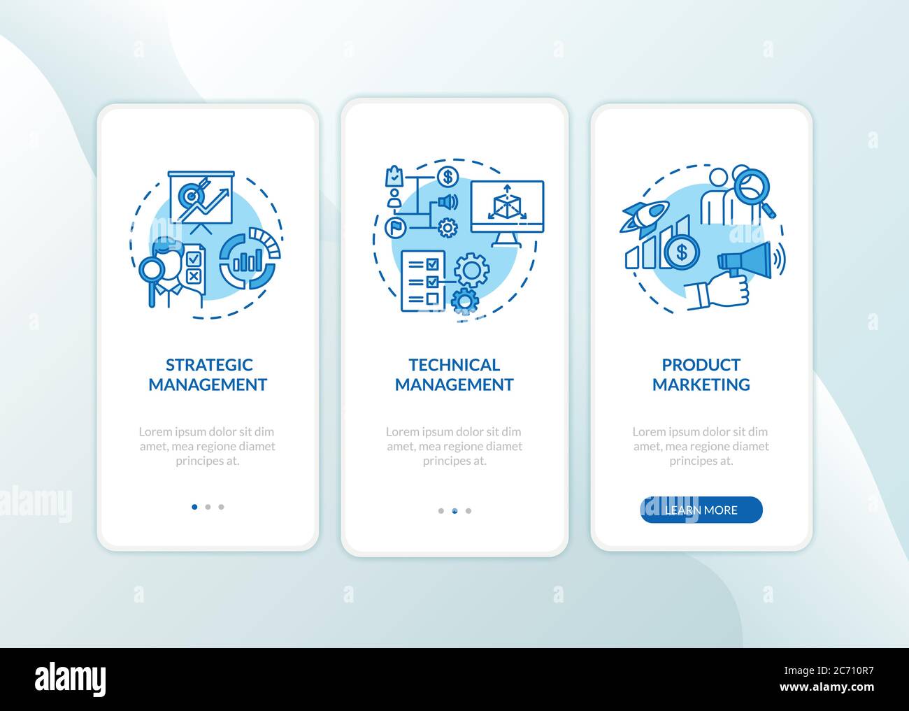 Management and marketing onboarding mobile app page screen with ...