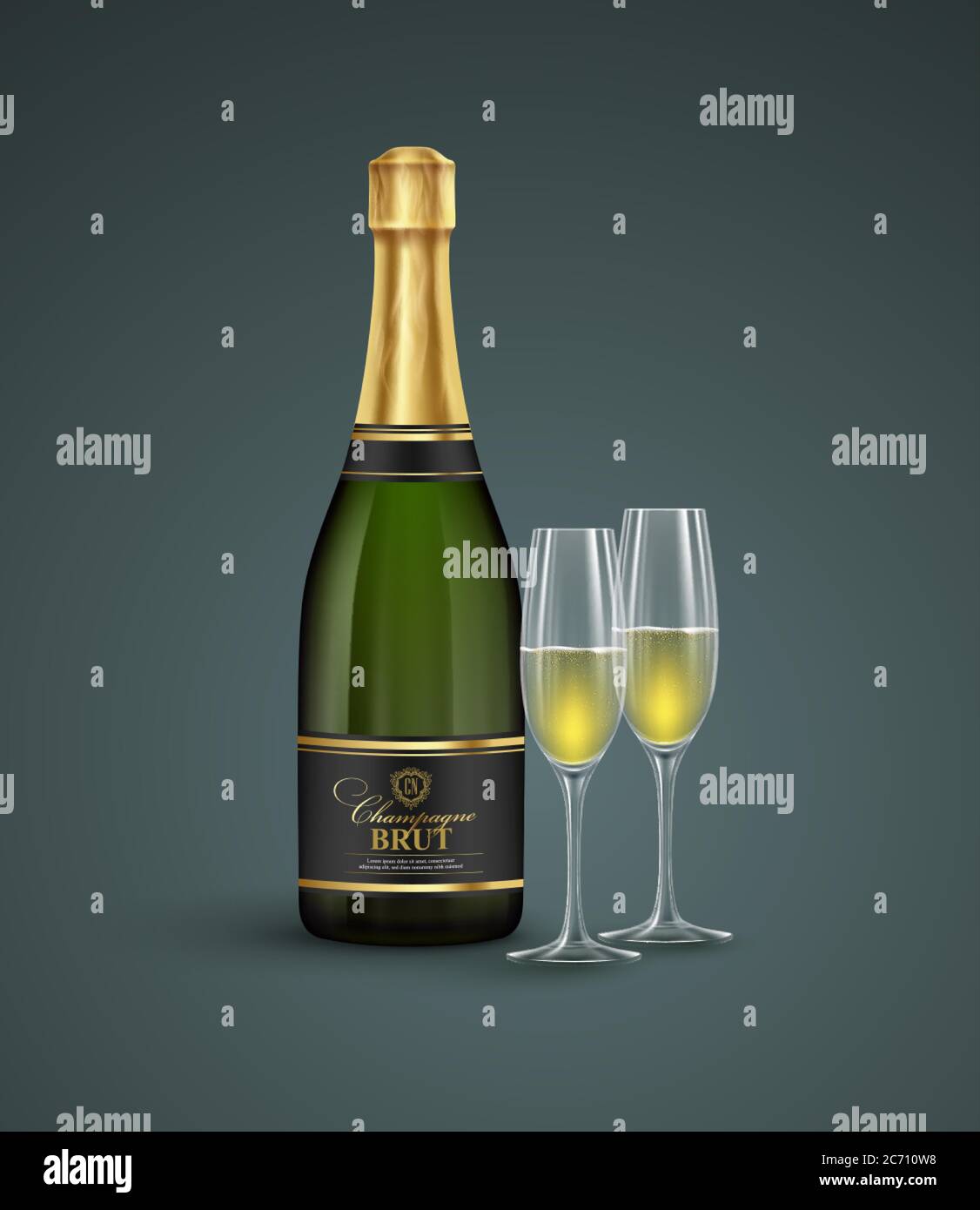 Realistic bottle and glasses of champagne isolated on a transparent background. Vector illustration Stock Vector