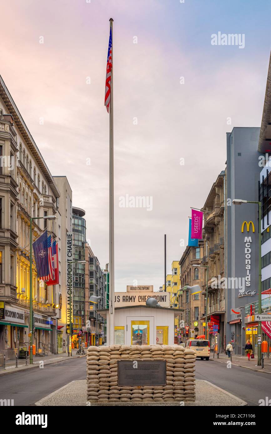 BERLIN, GERMANY - SEPTEMBER 20, 2013: Checkpoint Charlie. The crossing point between East and west Berlin became a symbol of the Cold War. Stock Photo