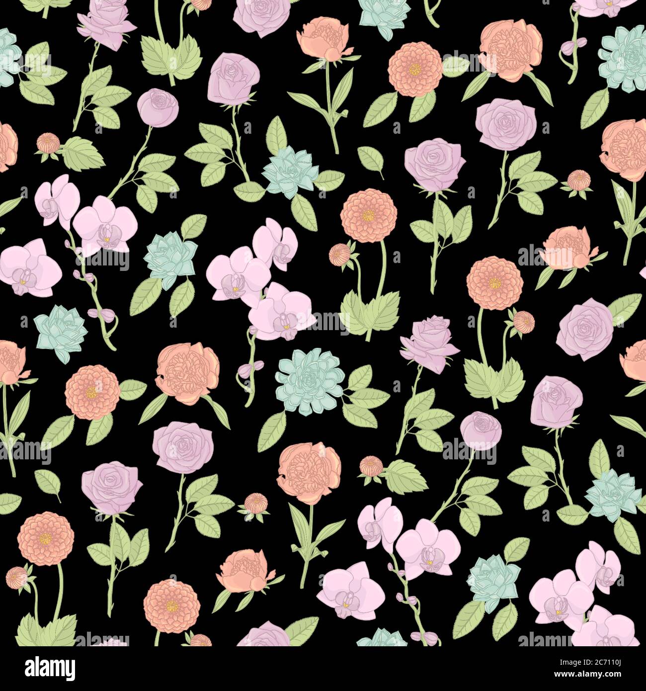 Colorful floral seamless pattern with hand drawn flowers on black ...