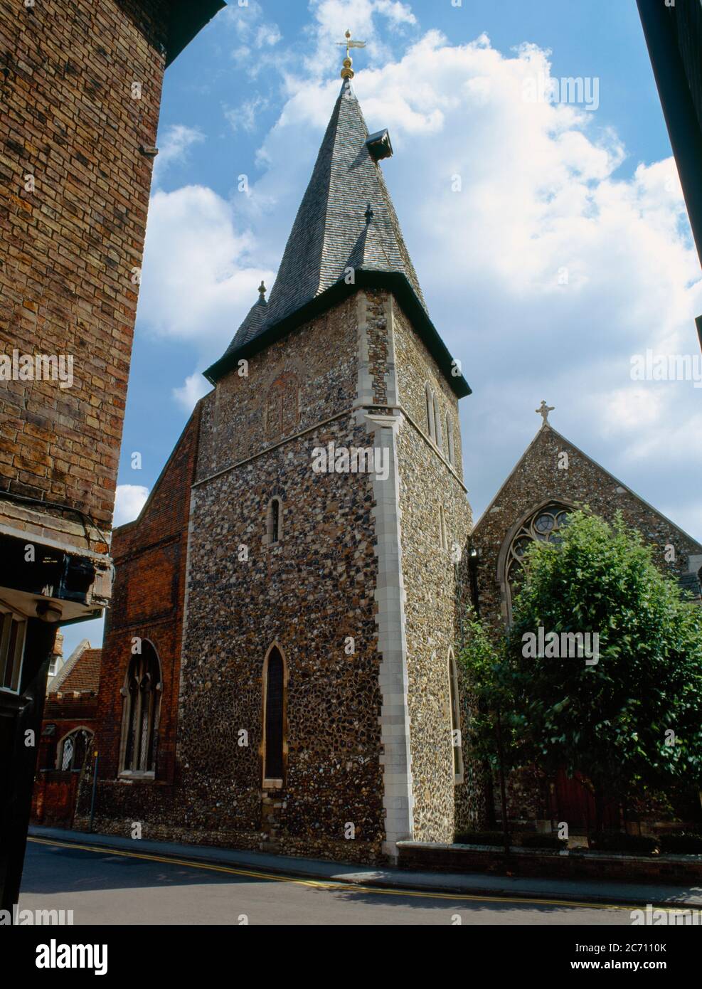 View E of the early C13th W tower of All Saints Church, Maldon Essex, England, UK; considered to be the only triangular church tower in England. Stock Photo