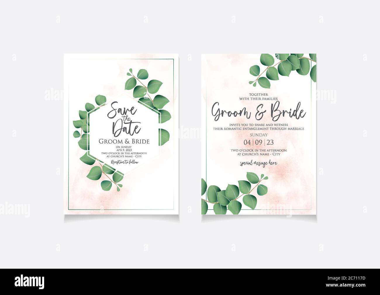 Wedding invitation card template with eucalyptus leaves and watercolor  background for save the date, invitation or greeting card. Vector design  Stock Vector Image & Art - Alamy