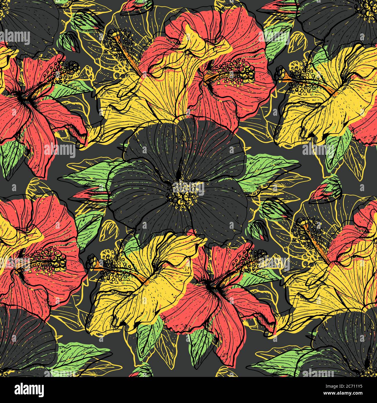 Colorful floral seamless pattern with hand drawn hibiscus flowers on ...