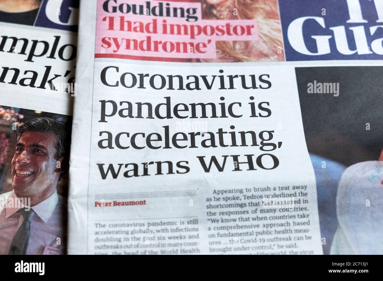 'Coronavirus pandemic is accelerating, warns WHO' World Health Organisation newspaper headline front page of Guardian London England UK 20 June 2020 Stock Photo